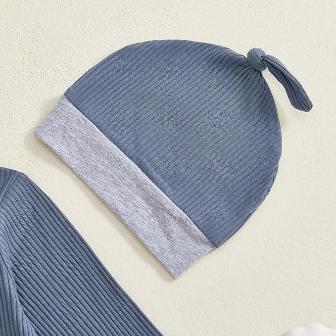 fhutpw Newborn Baby Boy Clothes Ribbed Knit Bodysuit 3 6 Months Infant Fall Long Sleeve Splicing Color Romper Jumpsuit & Hat