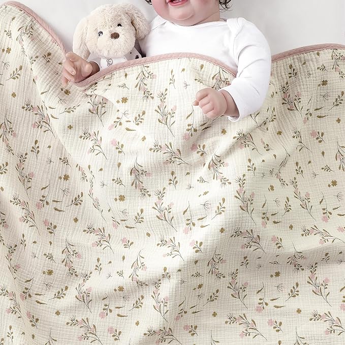 CREVENT 40''X40'' 100% Organic Cotton Muslin Baby Blanket for Newborns, Essential for Baby Shower Birthday Gift - Flower 100X100cm