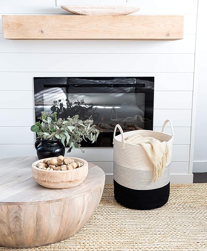 OrganiHaus Black & White Blanket Storage Basket for Living Room 15x18, Woven Nursery Hamper Basket, Large Toy Basket Storage for Kids, Laundry Hamper, Baby Laundry Basket, Cute Cotton Rope Basket