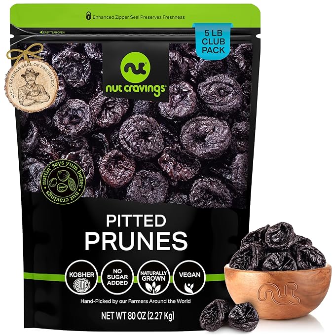 NUT CRAVINGS - Dried Prunes Pitted Unsweetened, Dry Plums No Sugar Added (80oz, 5 LB) Bulk Dry Fruits Packed Fresh in Resealable Bag - Sweet Healthy Snack, Naturally Grown, Vegan, Kosher