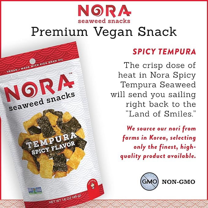 Spicy Tempura Seaweed Snacks by Nora, Thick Nori Sheets Snack Strips, Low-Carb Healthy Snacks for Adults, Asian Snacks, Vegan, Non-GMO, 6-Pack