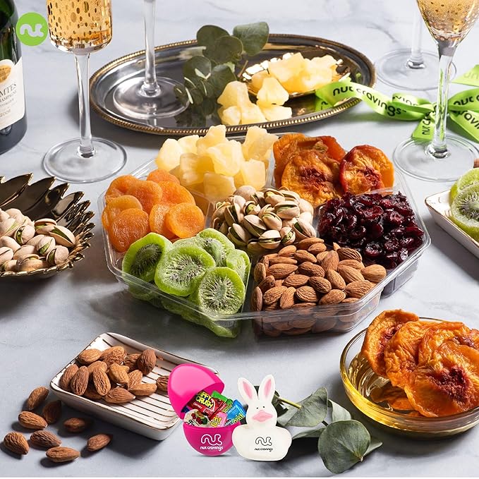 NUT CRAVINGS Gourmet Collection - Easter Treats, Candies & Dried Fruit Nuts Gift Basket with Happy Easter Ribbon, Candy Filled Egg + Bunny (7 Piece Assortment)