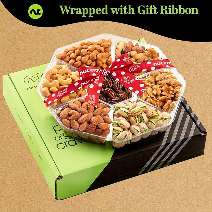 NUT CRAVINGS Gourmet Collection - Get Well Soon, Nuts Gift Basket with Get Well Soon Ribbon (7 Assortments) Food Platter, Healthy Snack Care Package, Food Assortments