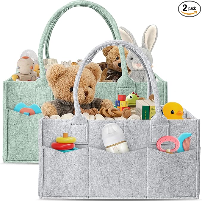 HIPHOP PANDA 2-Pack Diaper Caddy Organizer - Nursery Storage Bin & Car Organizer for Diapers, Wipes, and Baby Essentials - Dual-Color Solid Set (Grey/Green), Large Size
