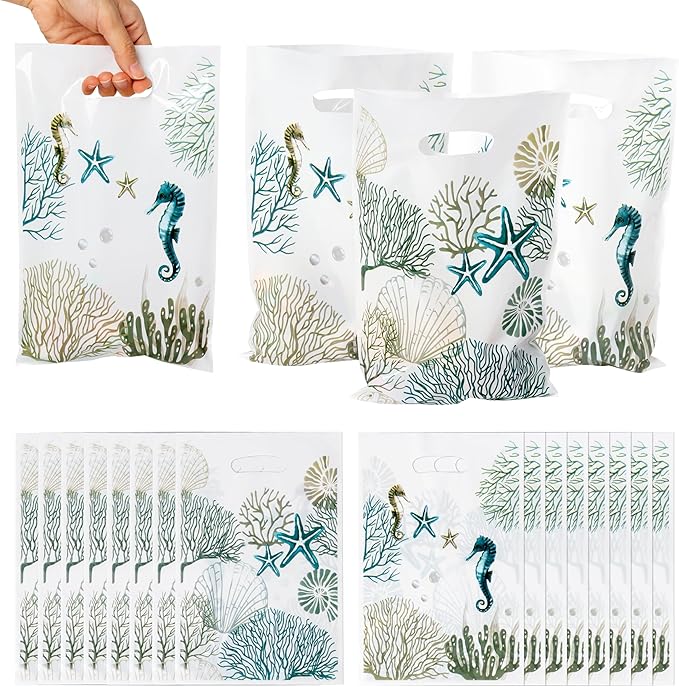 Summer Beach Party Favor Bags - 50Pcs Blue Coastal Goody Candy Treat Gifts Bags, Ocean Seashell Themed Party Decorations for Kids Birthday Summer Ocean Coastal Beach Events Supplies
