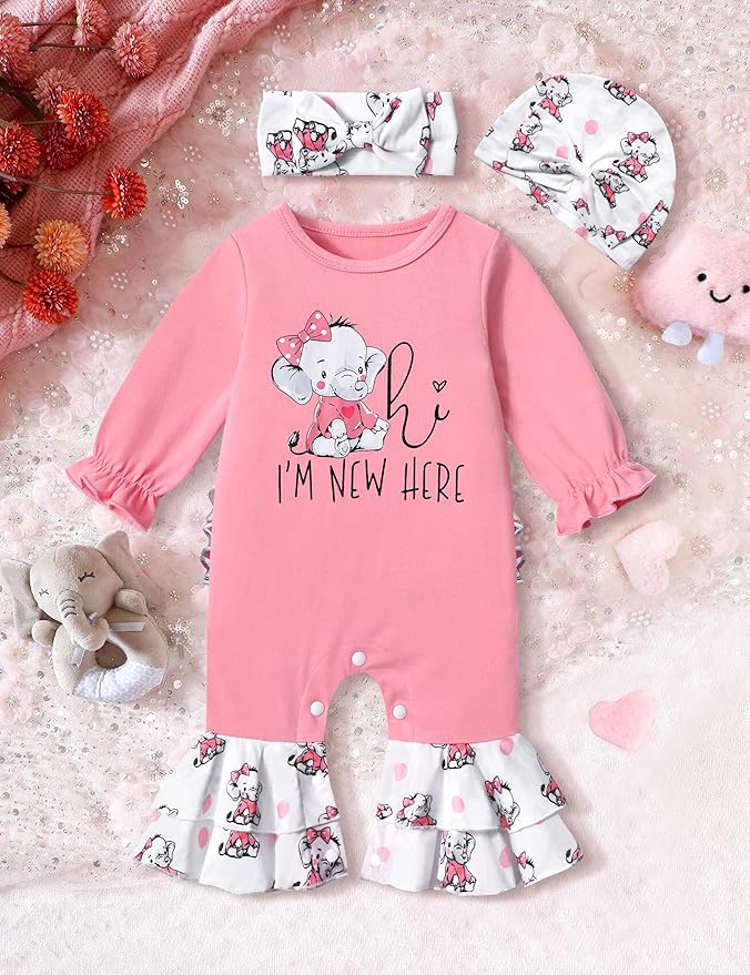 AGAPENG Newborn Girl Clothes Ruffle Letter Print Romper Infant Bell Bottom Jumpsuit Boho Baby Girl Clothes with Headband Hat