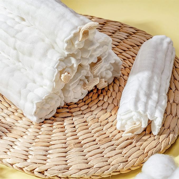 Baby Muslin Washcloths- Natural Organic Cotton Baby Wipes - Soft Newborn Baby Face Towel for Sensitive Skin- Baby Registry as Shower Gift, 10 Pack 10x10 inches By MUKIN (White)