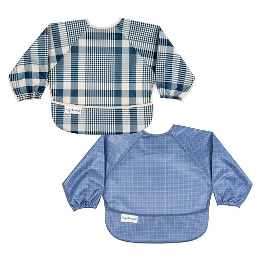 Tiny Twinkle Long Sleeve Bibs for Babies & Toddlers – 2 Pack Waterproof Smock Bibs for Eating – Machine Washable & Mess-Proof, Perfect Baby Feeding Essential & Shower Gift (Gingham,Grid,6-24M)