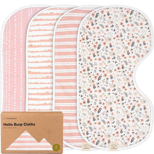 KeaBabies 4-Pack Baby Burp Cloths Baby Girl, Boy - Organic Cotton Burp Cloth, Extra Large, Absorbent, Soft Burping Cloths & Bibs Set for Babies, Newborn Burp Clothes, Thick Burp Rags (Sweet Charm)