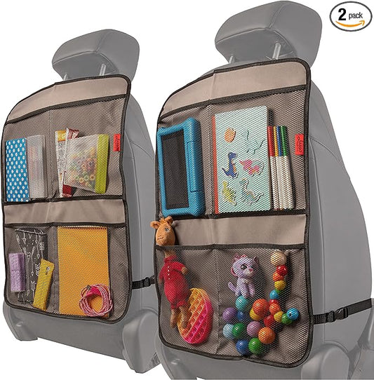 Lusso Gear Kick Mats (2 Pack) - Car Seat Back Protectors, Premium Waterproof Fabric, Reinforced Corners to Prevent Sag, and 4 Mesh Pockets for Large Storage (Gray)