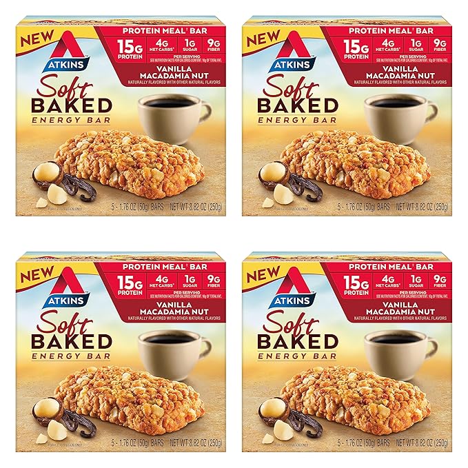 Atkins Soft Baked Vanilla Macadamia Nut Meal Bars, 15g Protein, 4 Packs (20 Bars); Chocolate Almond Caramel Bars, 5 Count
