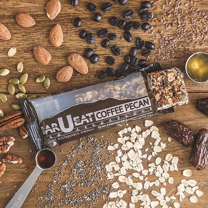 BAR-U-EAT Gluten-Free, Organic, Soft & Chewy Energy Bar. Whole Food Ingredients | Compostable Packaging | No Artificial Sugar | Healthy Snacks (Coffee Pecan 12 Pack)