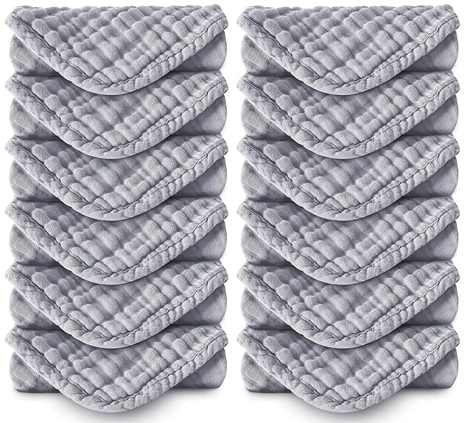 Muslin Burp Cloths 100% Cotton Large 20''x10'' Extra Soft and Absorbent Baby Wash Cloths Spit Up Rags - Baby Burping Cloth for Boys Girls Items(12 Pack Grey)