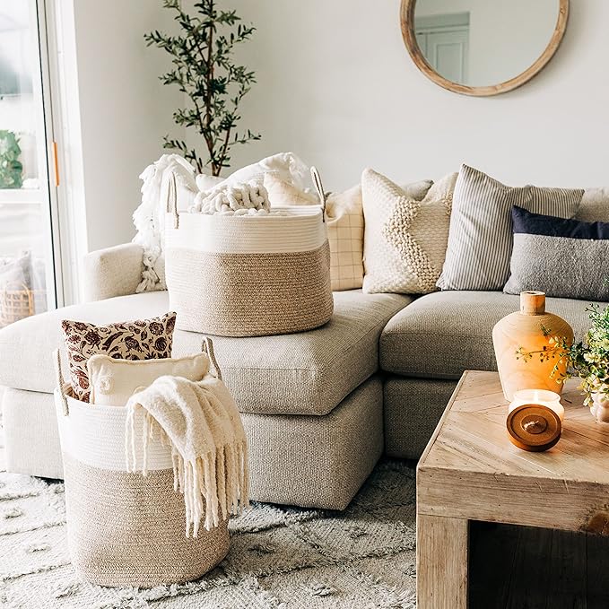 OrganiHaus Brown Toy Basket for Storage 15x18, Baby Laundry Basket, Throw Blanket Basket for Living Room, Large Woven Baskets for Storage, Tall Basket, Towel Basket & Blanket Holder for Bedroom