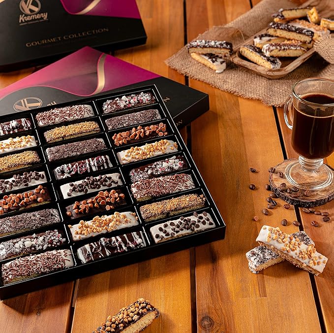KREMERY Creamy Chocolate Cravings - Chocolate Covered Biscotti Cookies Gift Basket, in Elegant Gift Box (24 Biscotties, Assorted Sweet Toppings) Food Assortments USA Made