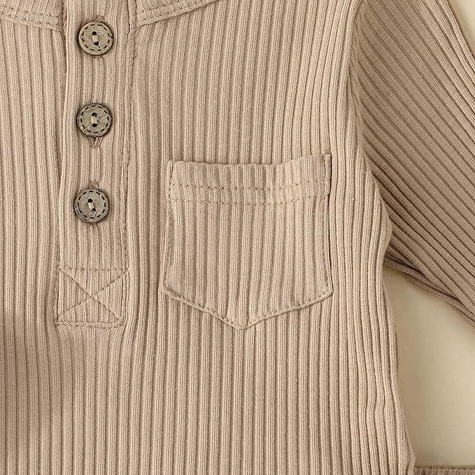 Newborn Baby Boy Girl Clothes Ribbed Knit Cotton Long Sleeve Romper Long Pant Preemie Solid Color Unisex Outfits