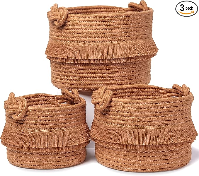 NaturalCozy 3-Piece Boho Decor Storage Basket Set – Cotton Rope Woven Baskets for Organizing! Small Basket for Baby Stuff, Baby Shower, Gift Basket, Nursery Baby Basket, Planter, Toy Basket, Shelves