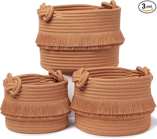 NaturalCozy 3-Piece Boho Decor Storage Basket Set – Cotton Rope Woven Baskets for Organizing! Small Basket for Baby Stuff, Baby Shower, Gift Basket, Nursery Baby Basket, Planter, Toy Basket, Shelves