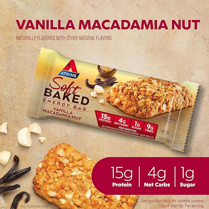 Atkins Soft Baked Vanilla Macadamia Nut Meal Bars, 15g Protein, 4 Packs (20 Bars); Chocolate Almond Caramel Bars, 5 Count