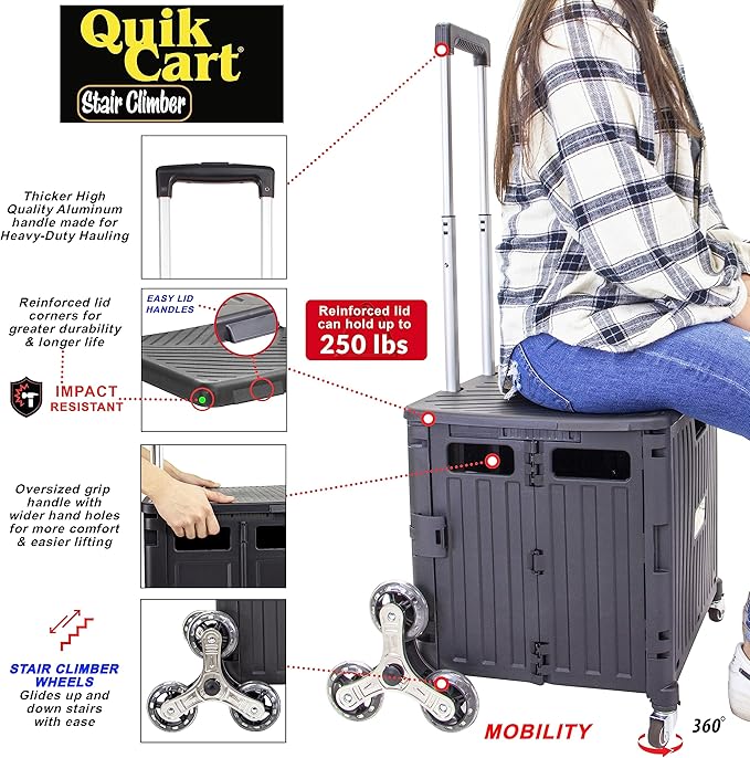 dbest products Quik Cart Stair Climber Wheeled Rolling Crate Teacher Utility with seat Heavy Duty Collapsible Basket with Handle, 18" D x 17" W x 39" H, Black
