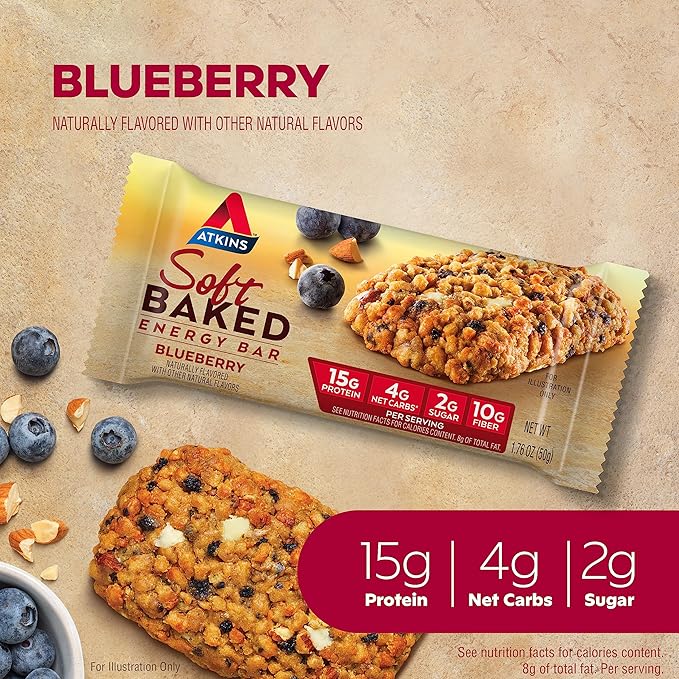 Atkins Blueberry Flavored Soft Baked Energy Bars, High in Protein Snack Bar, Low Sugar, High Fiber Snack, Protein Snack, 4 Packs (4 Bars Each)
