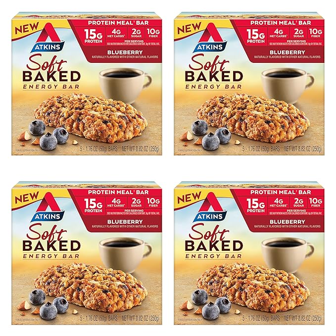 Atkins Soft Baked Energy Bars, Blueberry, 15g Protein,2g Sugar, Excellent Source & Peanut Butter Protein Cookie, Protein Dessert, Rich in Fiber, 3g Net Carb, 1g Sugar