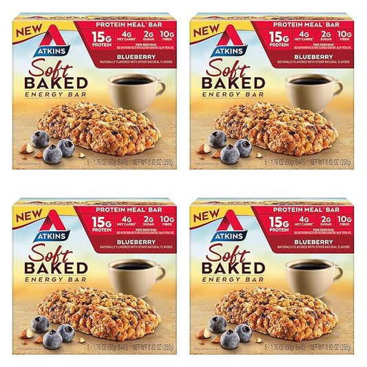 Atkins Blueberry Flavored Soft Baked Energy Bars, High in Protein Snack Bar, Low Sugar, High Fiber Snack, Protein Snack, 4 Packs (4 Bars Each)