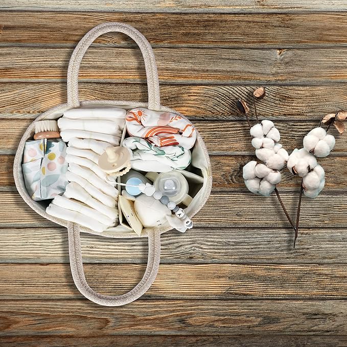 Baby Diaper Caddy Organizer for Girl Boy Cotton Rope Nursery Storage Bin Basket Portable Holder Tote Bag for Changing Table Car Travel Baby Shower Gifts Newborn Registry Must Have Items oatmeal