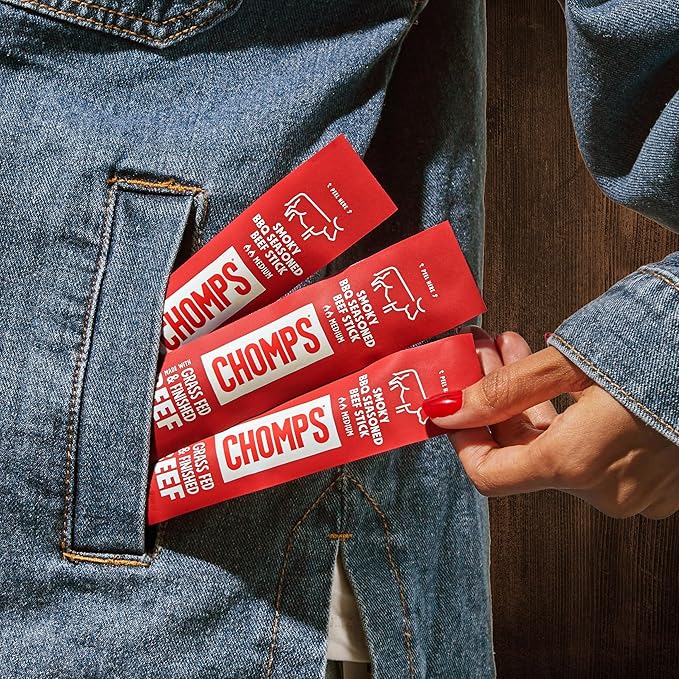 Chomps Grass-Fed and Finished Smoky BBQ Seasoned Beef Jerky Snack Sticks 24-Pack - Keto, Paleo, Whole30, 10g Lean Meat Protein, Gluten-Free, Zero Sugar Food, Non-GMO